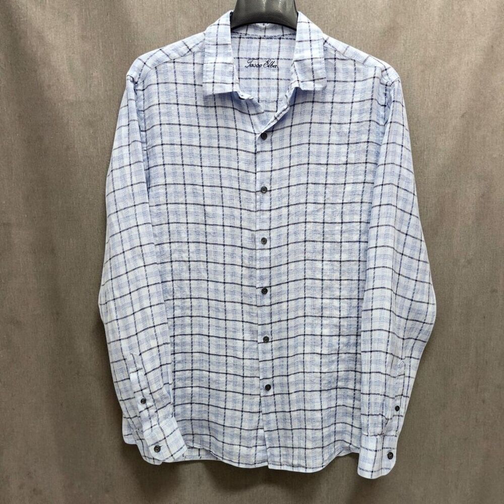 Tasso Elba 100% Linen Button Up Shirt Mens Large Blue White Check Resortwear